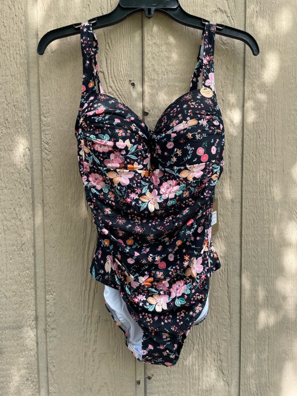 Floral Black One-Piece Swimsuit with Pink & Coral Blooms